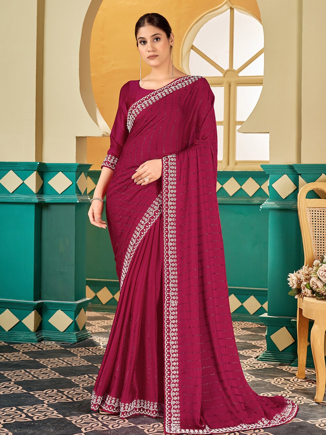 

Inddus Embellished Beads and Stones Satin Saree, Magenta