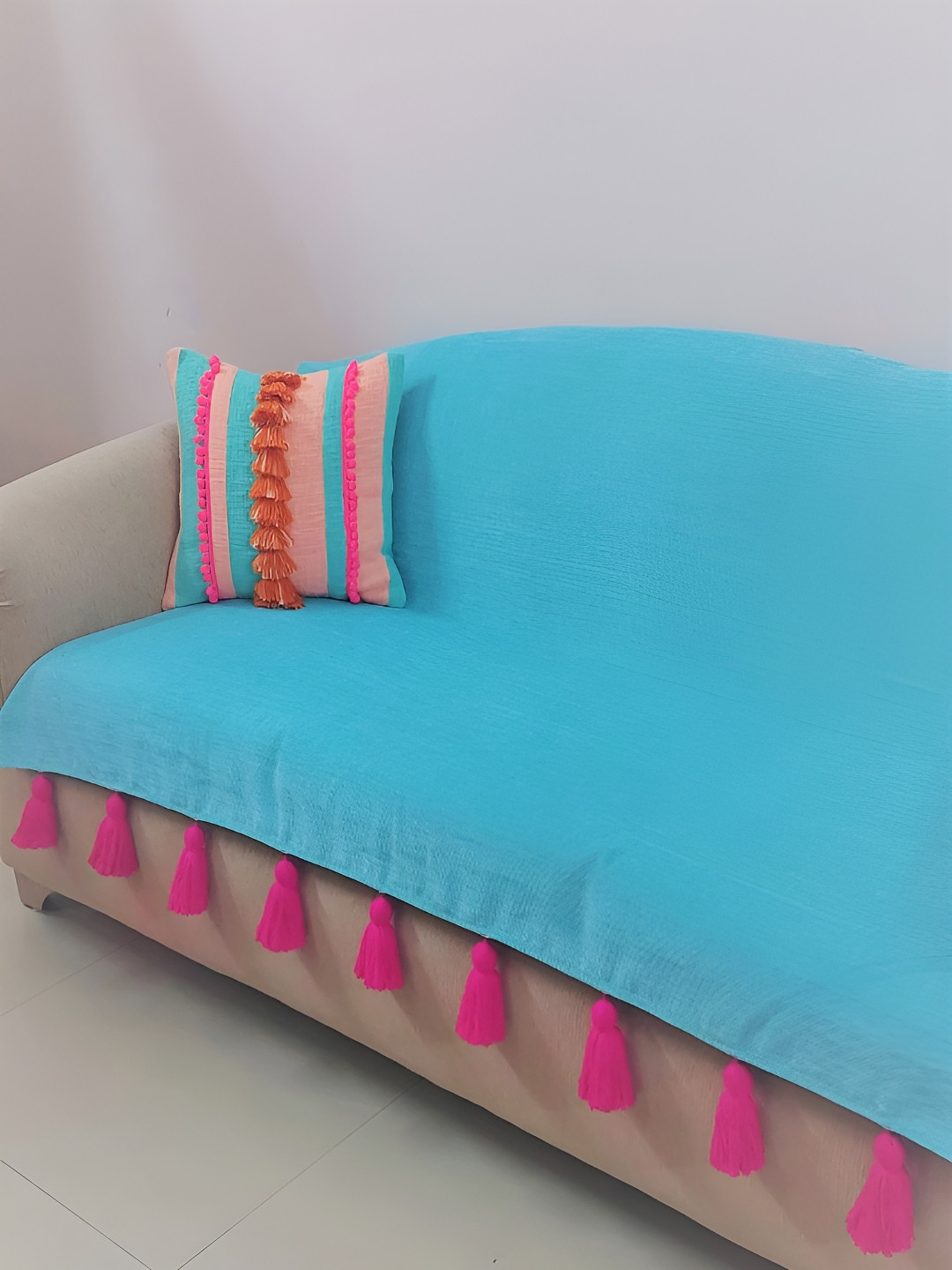 

THROWPILLOW Turquoise Blue & Pink Tassels Anti-Slip 3 Seater Sofa Cover
