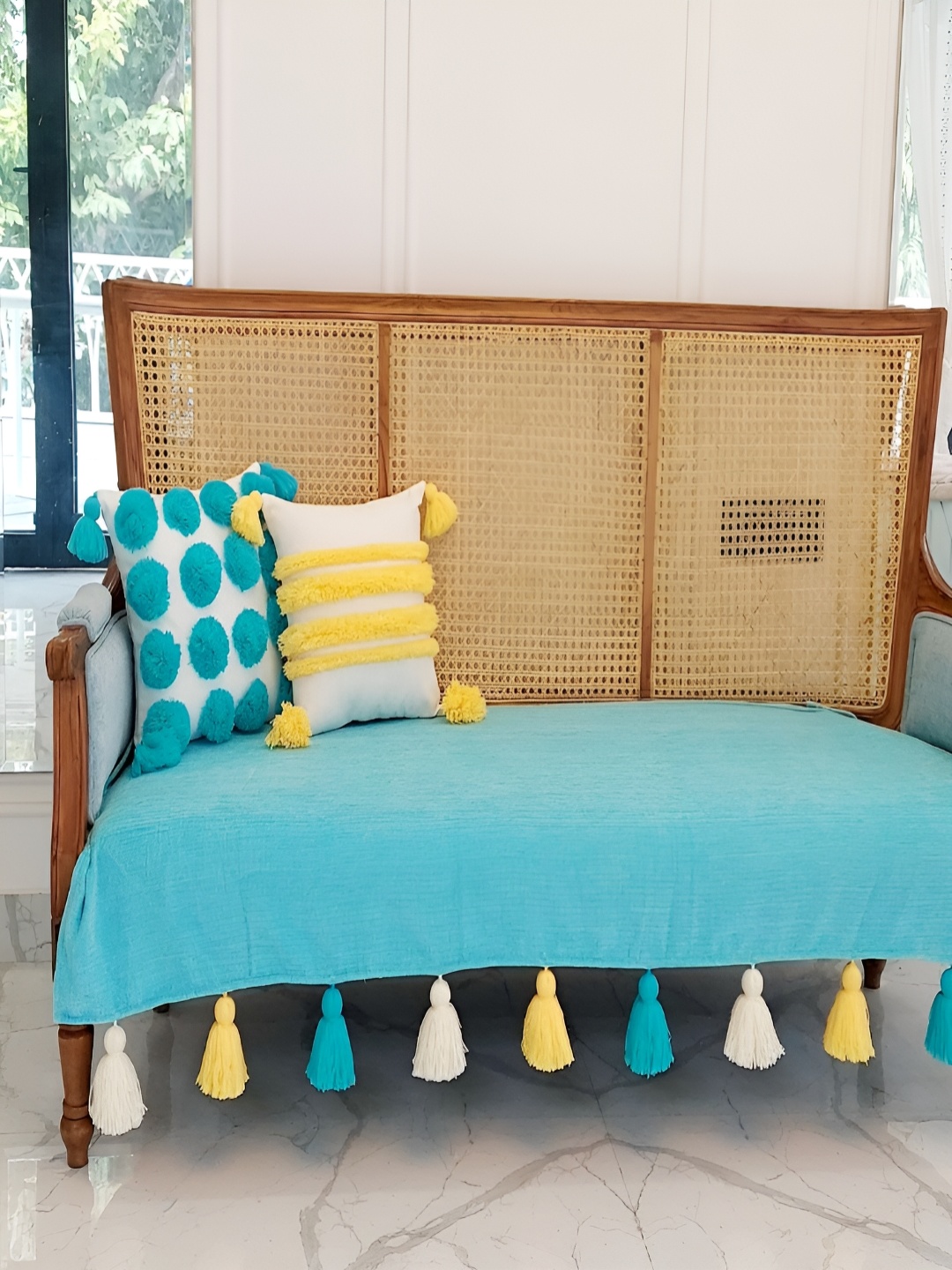 

THROWPILLOW Turquoise Blue & Yellow Tassels Anti-Slip 3 Seater Sofa Cover
