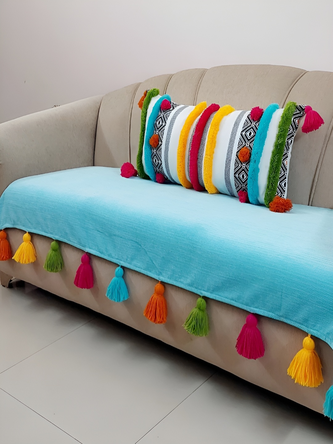 

THROWPILLOW Turquoise Blue & Pink Tassels Anti-Slip 3 Seater Sofa Cover