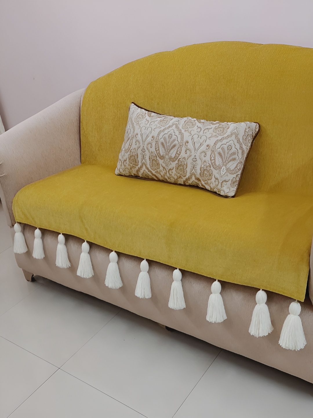 

THROWPILLOW Mustard Yellow & White Tassels Anti-Slip 3 Seater Sofa Cover