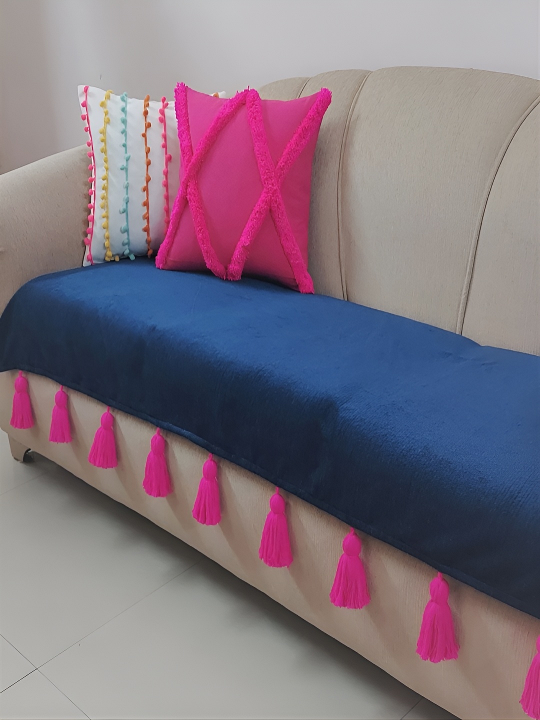 

THROWPILLOW Navy Blue & Pink Tassels Anti-Slip 3 Seater Sofa Cover