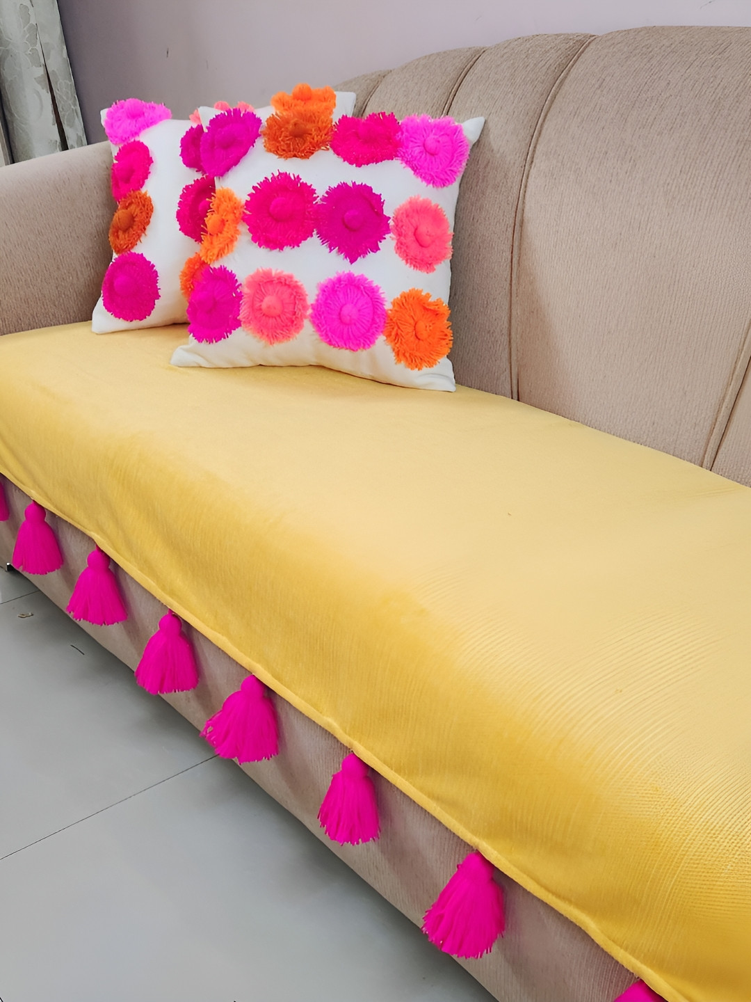 

THROWPILLOW Yellow & Pink Tassels Anti-Slip 3 Seater Sofa Cover