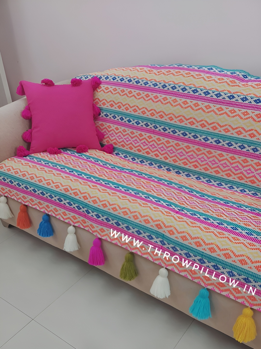 

THROWPILLOW Blue & pink Tassels Anti-Slip 3 Seater Sofa Cover, Multi
