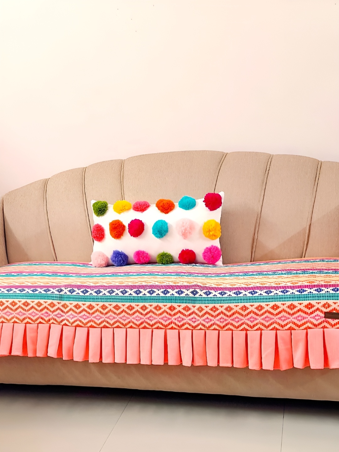 

THROWPILLOW White & Peach-Coloured Tassels Anti-Slip 3 Seater Sofa Cover, Multi