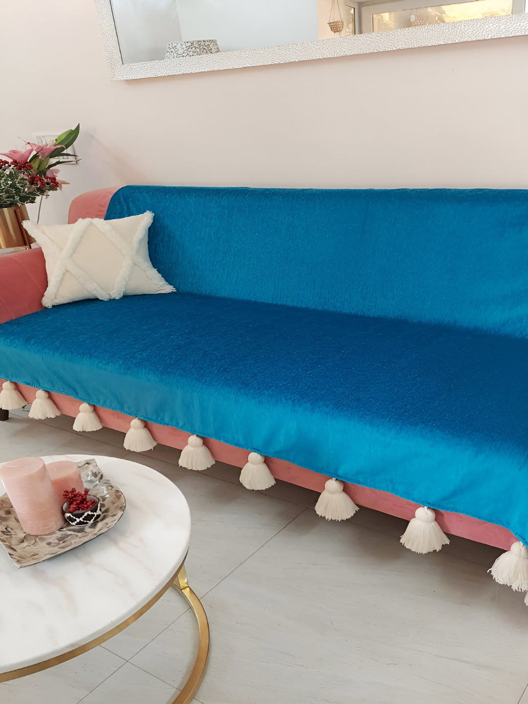 

THROWPILLOW Teal Blue & White Tassels Anti-Slip 3 Seater Sofa Cover