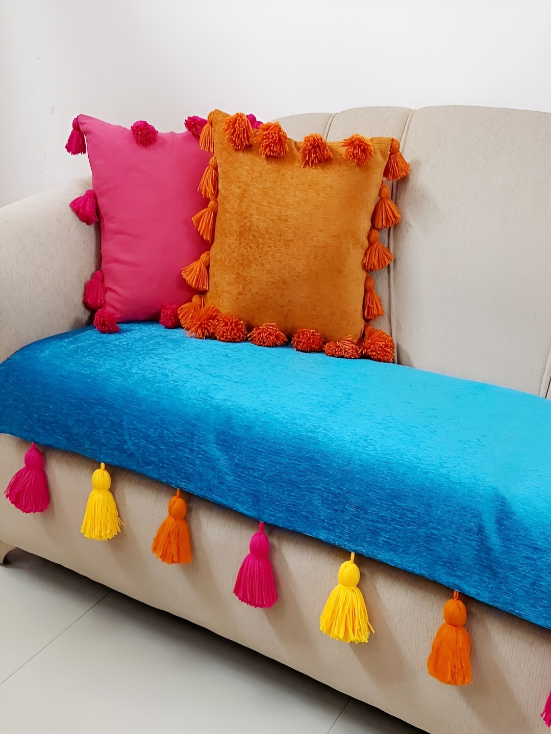 

THROWPILLOW Teal Blue & Pink Tassels Anti-Slip 3 Seater Sofa Cover