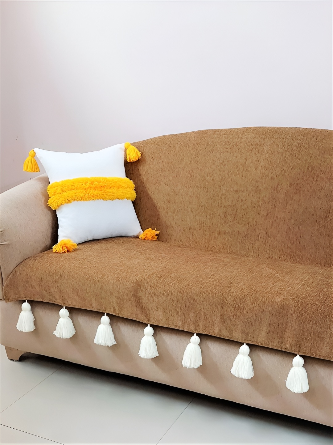 

THROWPILLOW Camel Brown & White Tassels Anti-Slip 3 Seater Sofa Cover