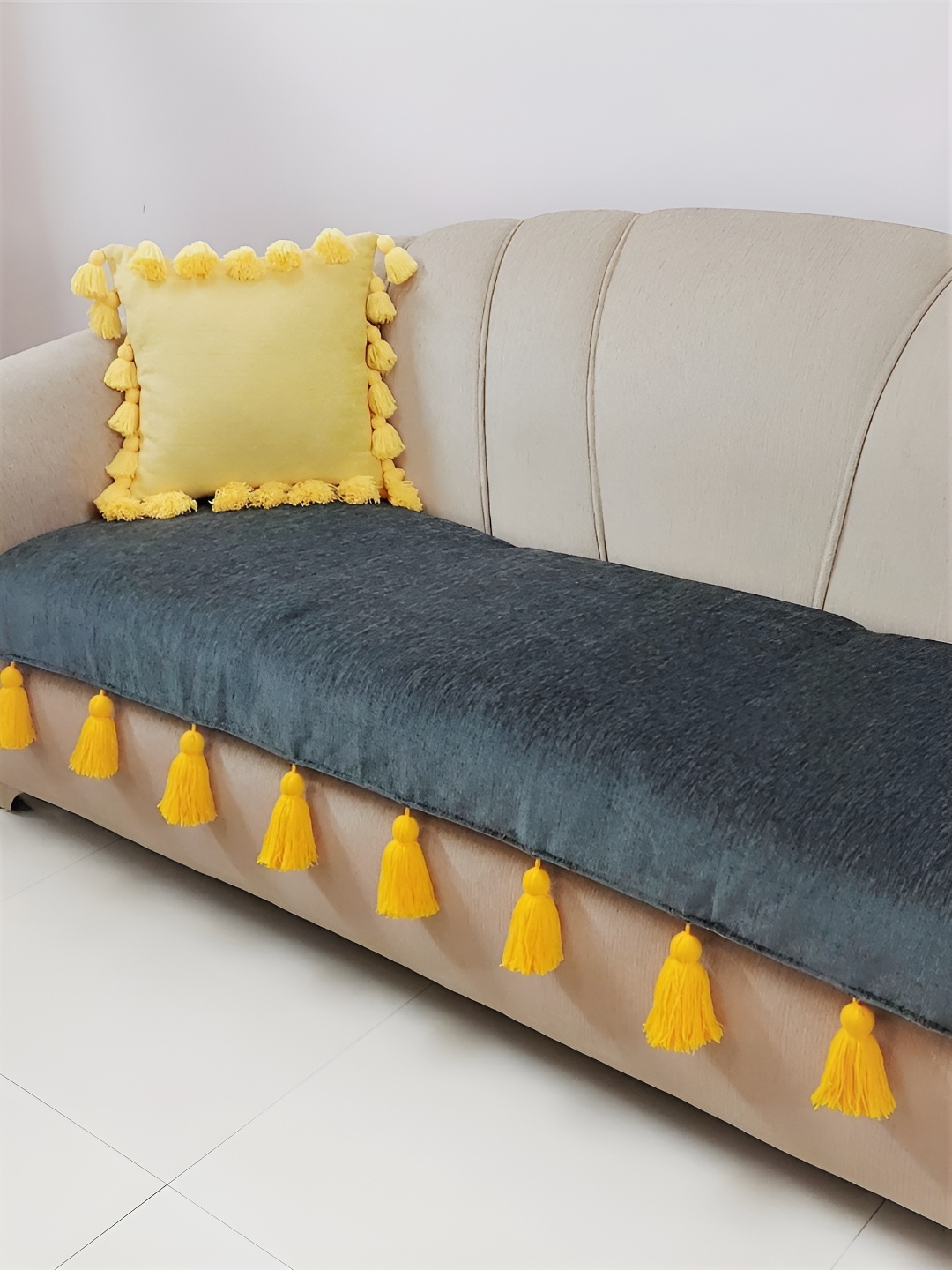 

THROWPILLOW Grey & Yellow Tassels Anti-Slip 3 Seater Sofa Cover