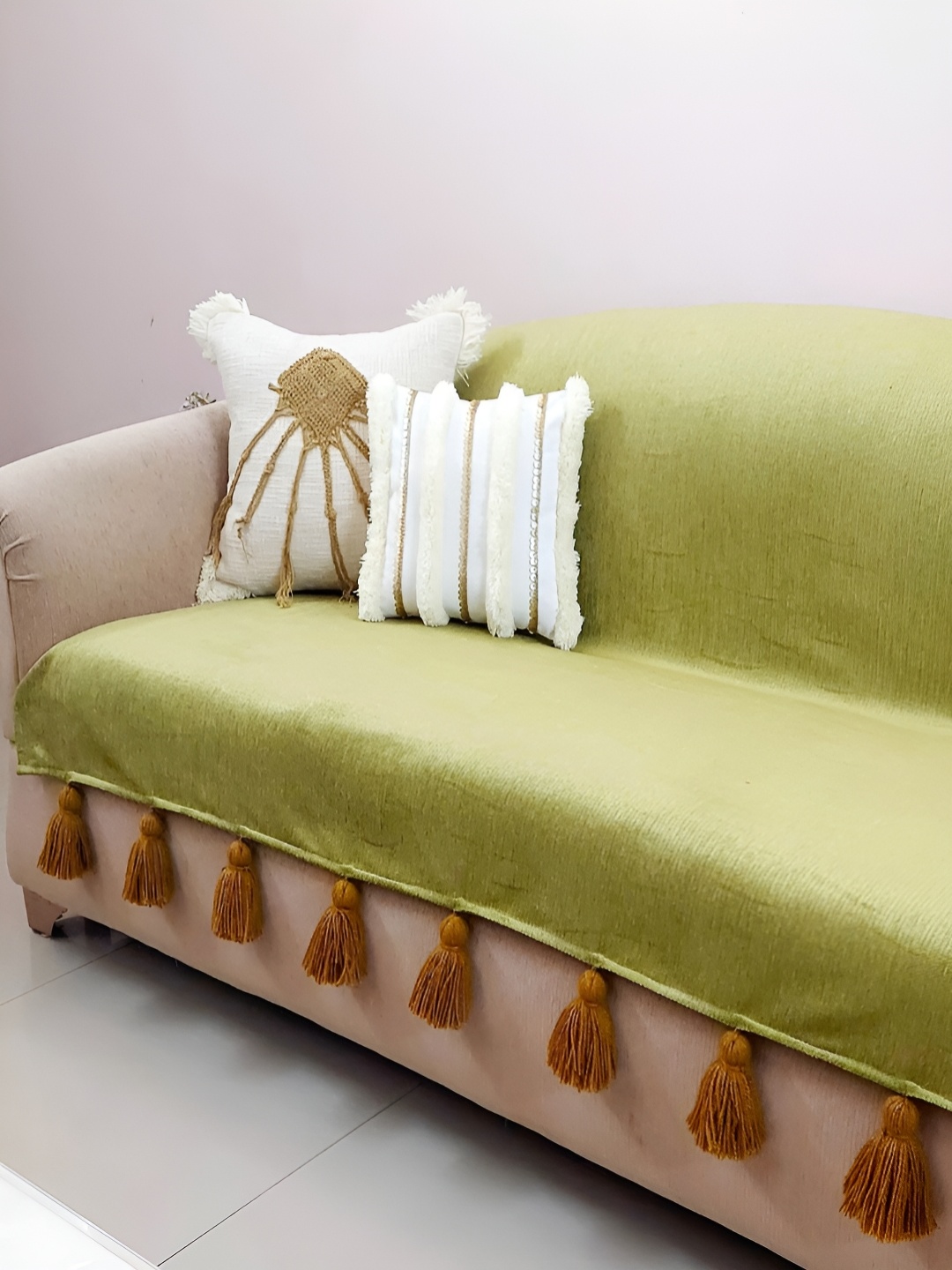 

THROWPILLOW Olive Green & Gold-Toned Tassels Anti-Slip 3 Seater Sofa Cover