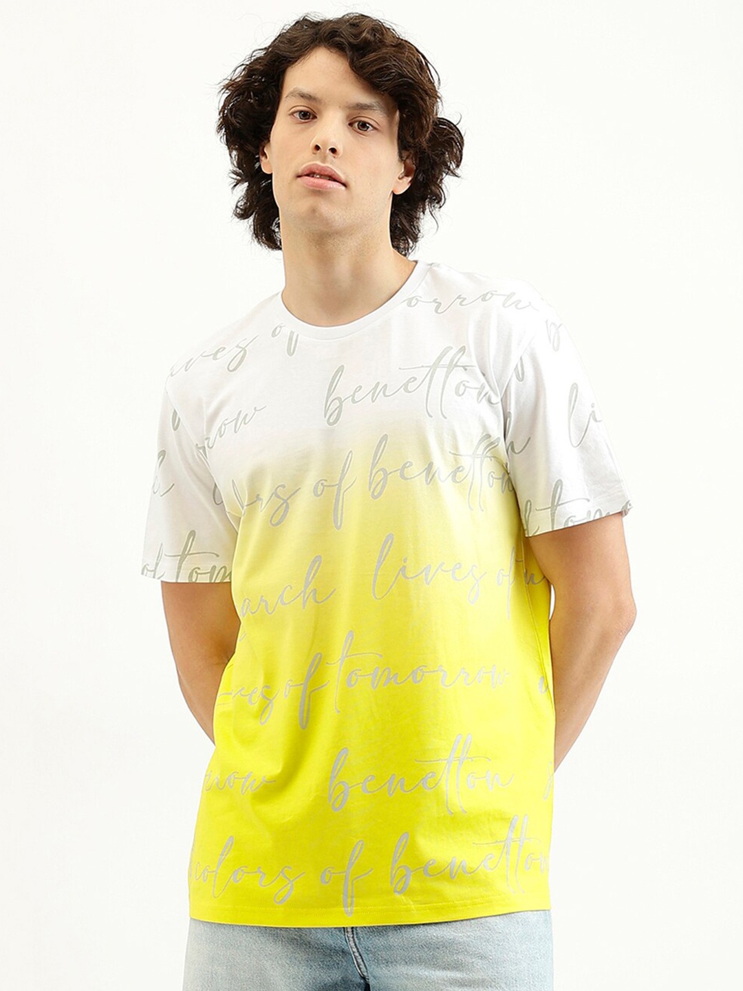 

United Colors of Benetton Men Printed Extended Sleeves Pure Cotton Raw Edge T-shirt, Multi