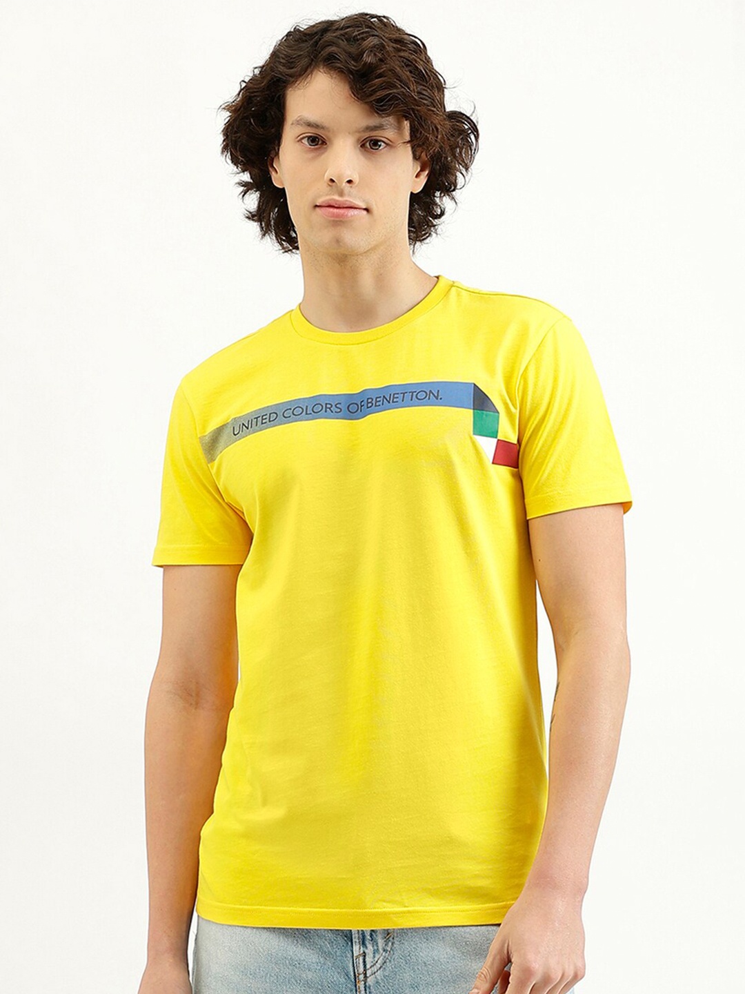 United Colors of Benetton Men Pure Cotton Applique T-shirt, Yellow