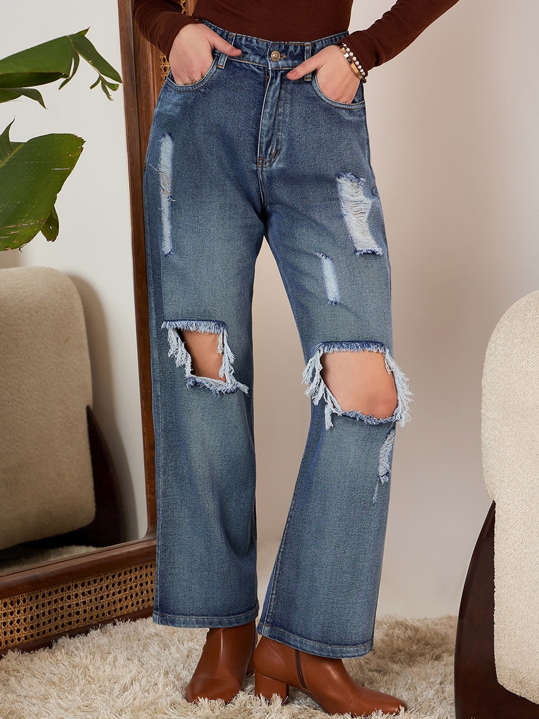 

Berrylush Women Straight Fit High-Rise Highly Distressed Light Fade Jeans, Blue