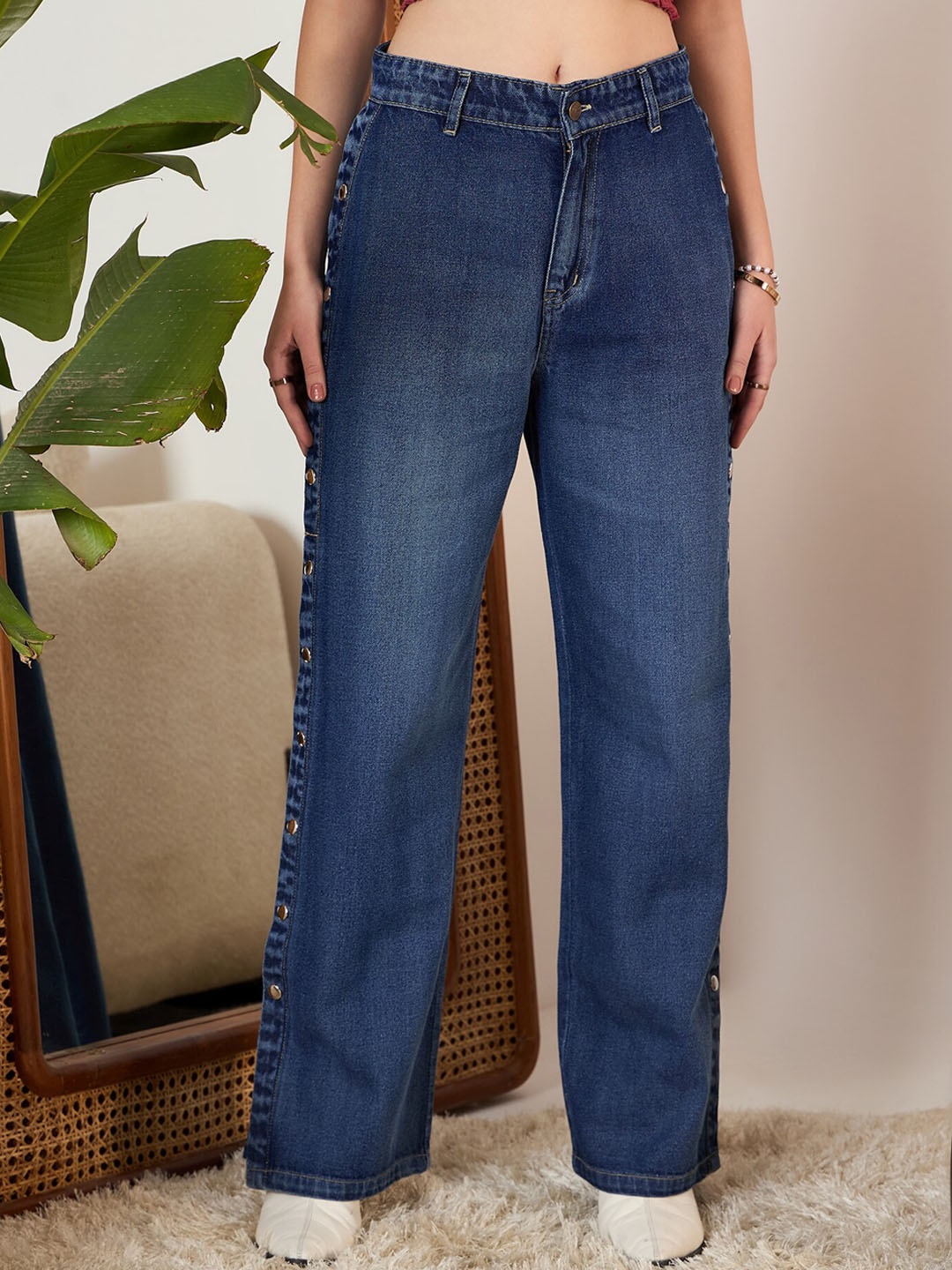 

Berrylush Women Flared High-Rise Low Distress Light Fade Jeans, Blue
