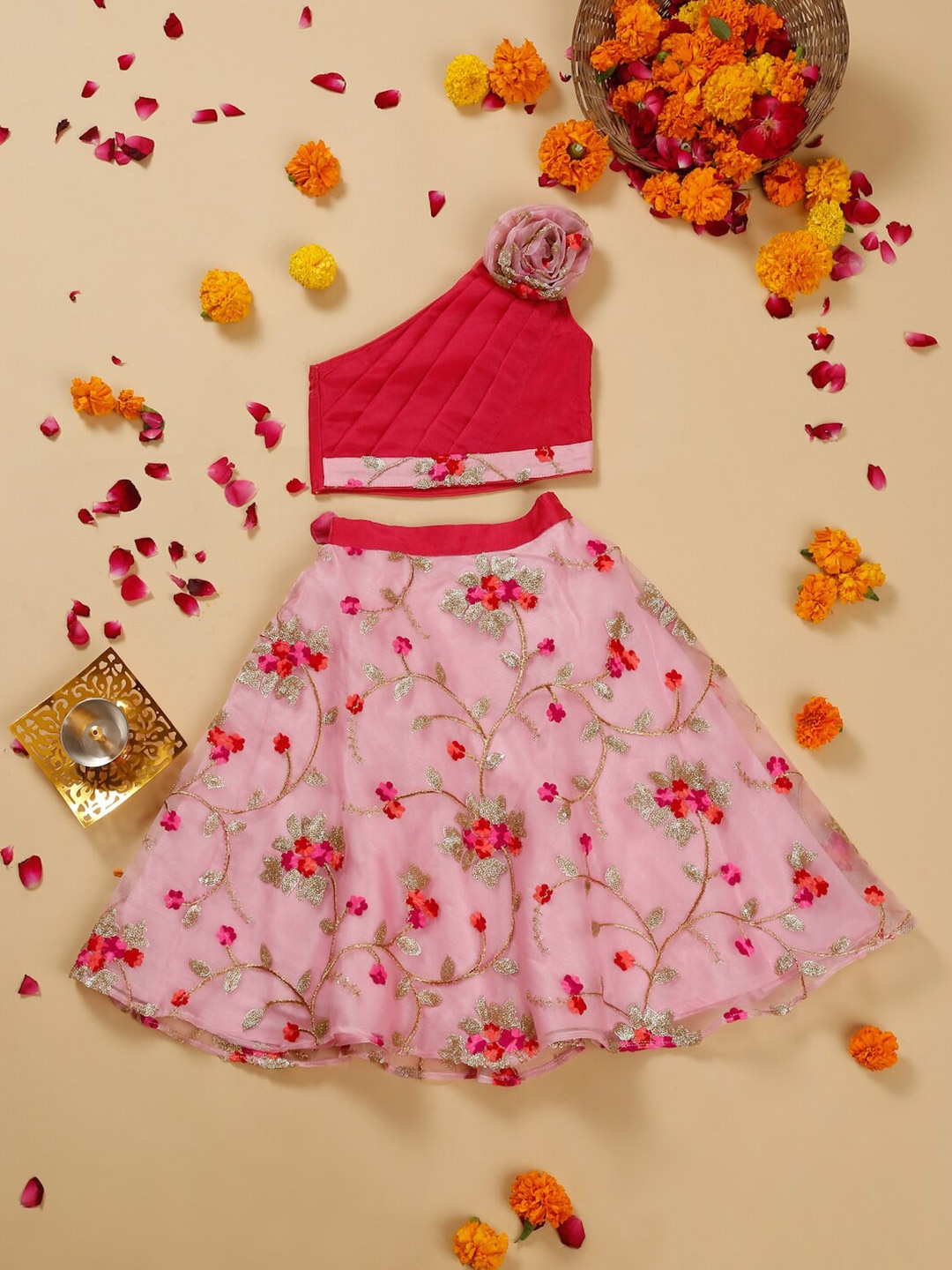 

SAKA DESIGNS Girls Embroidered Ready to Wear Lehenga &, Pink