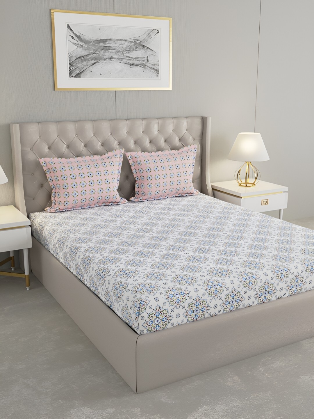 

Raymond Home White & Blue 144 TC Queen Bedsheet with 2 Pillow Covers