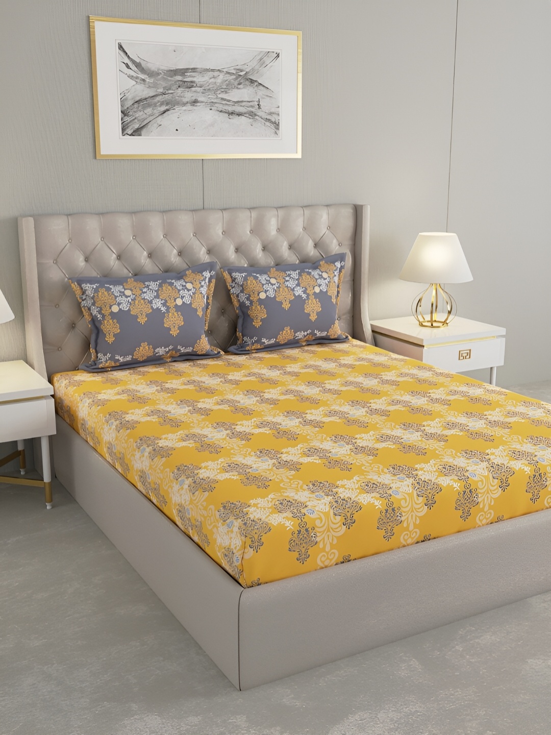 

Raymond Home Yellow & White 144 TC Queen Bedsheet with 2 Pillow Covers