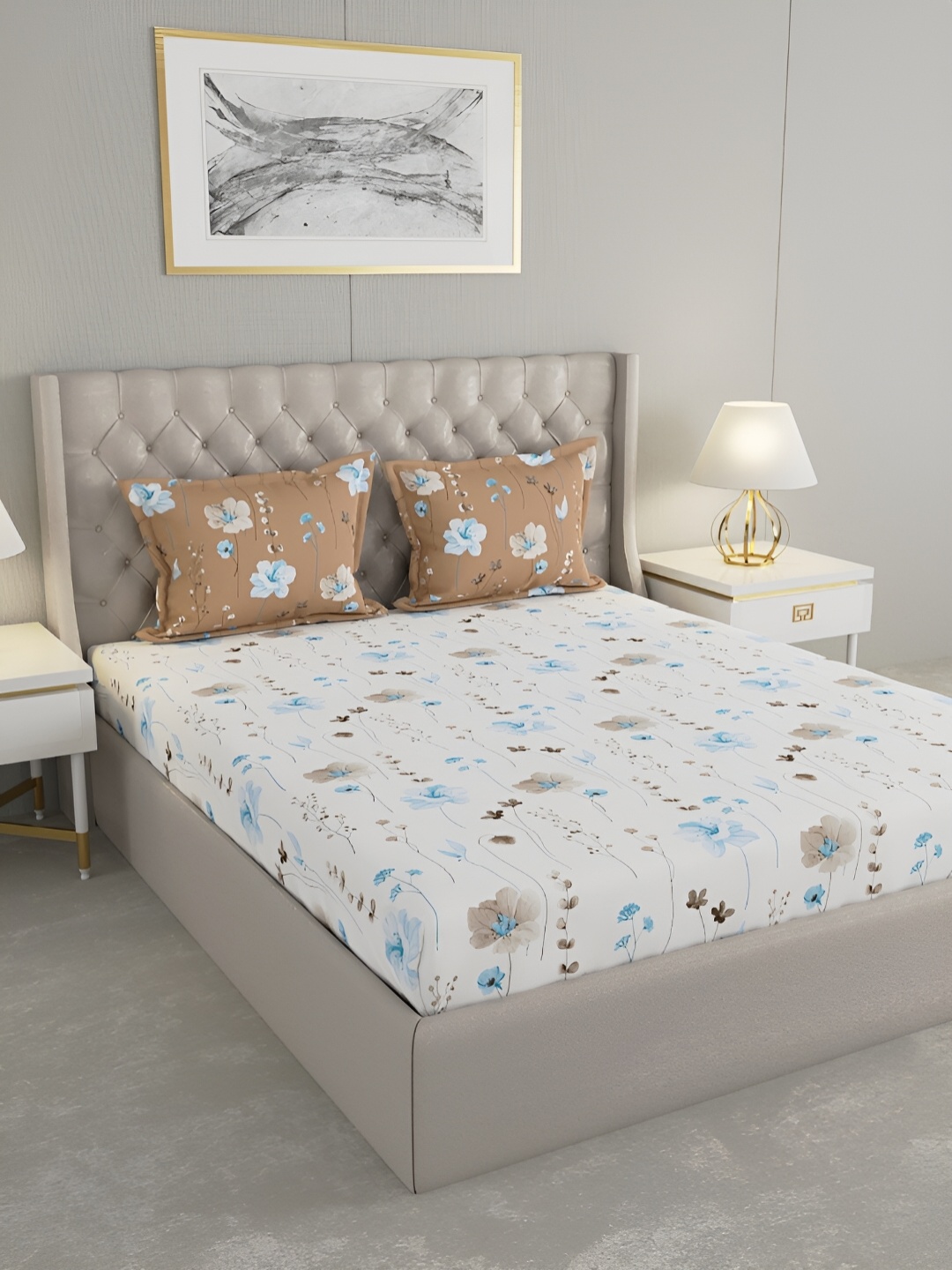 

Raymond Home White & Blue Floral 144 TC Queen Bedsheet with 2 Pillow Covers