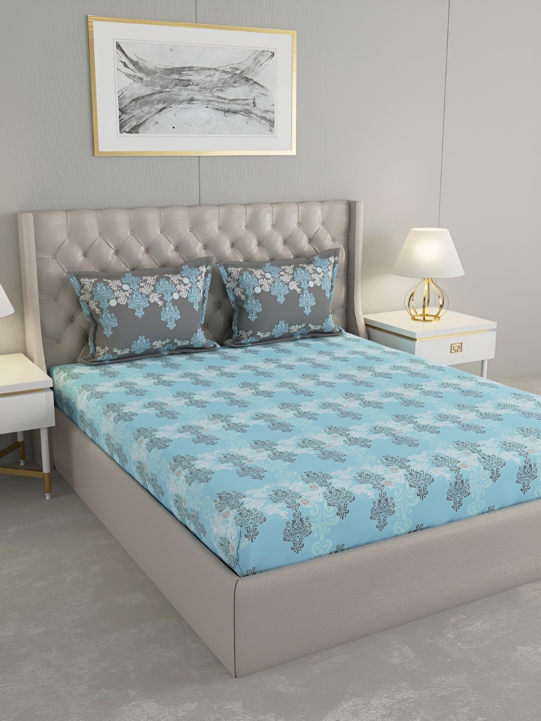 

Raymond Home Blue & White Geometric 144 TC Queen Bedsheet with 2 Pillow Covers