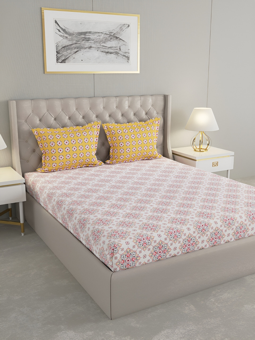 

Raymond Home White & Red Ethnic Motifs 144 TC Queen Bedsheet with 2 Pillow Covers