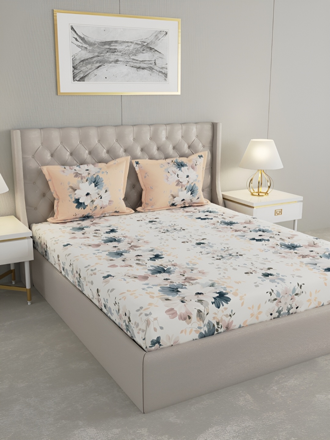 

Raymond Home White & Grey Floral 144 TC Queen Bedsheet with 2 Pillow Covers