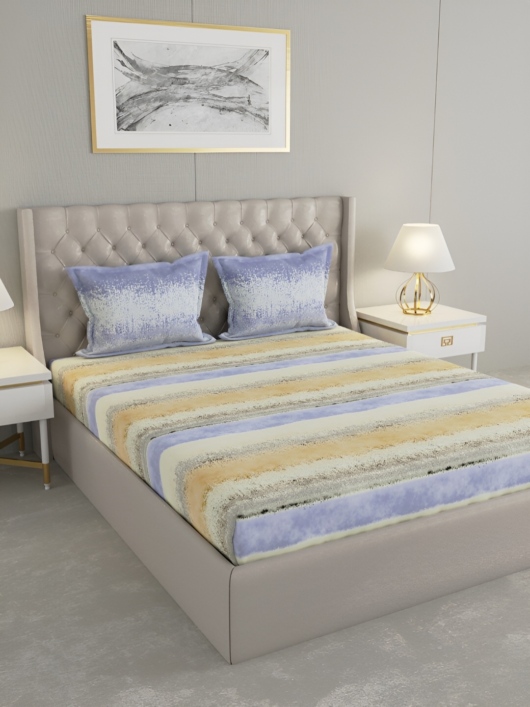

Raymond Home Blue & Brown Striped 144 TC Queen Bedsheet with 2 Pillow Covers
