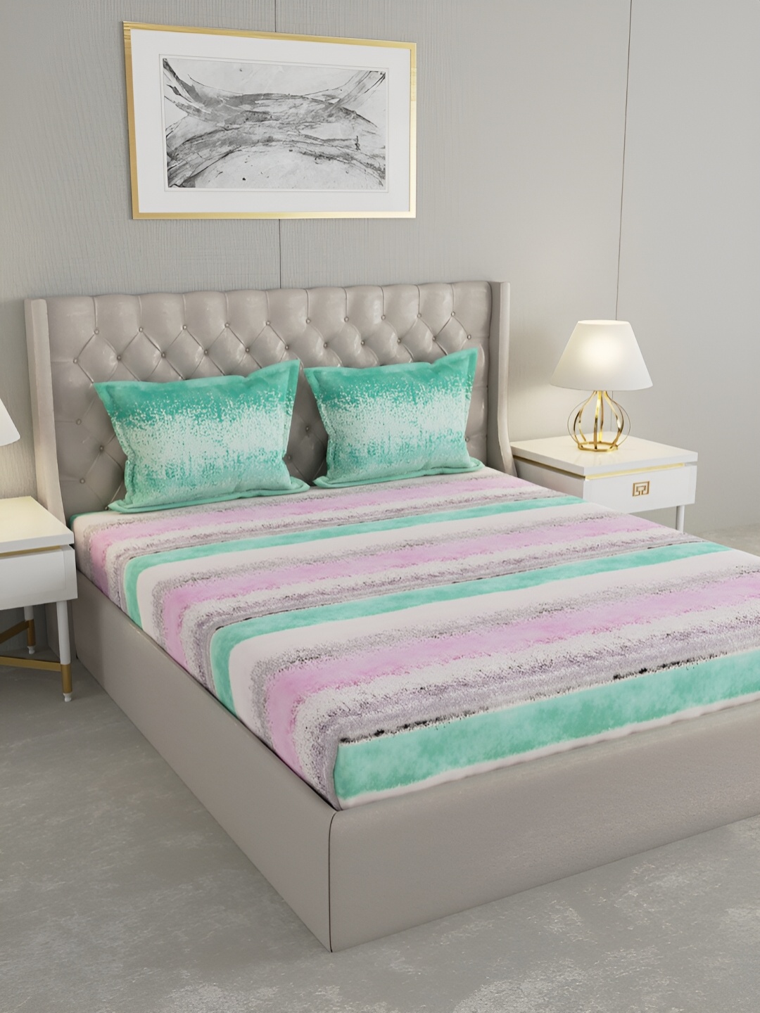 

Raymond Home Green & Pink Striped 144 TC Queen Bedsheet with 2 Pillow Covers
