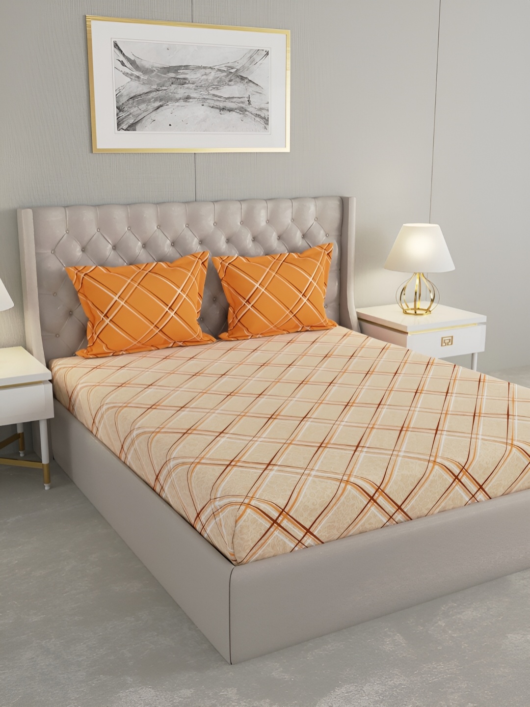 

Raymond Home Brown & Orange Geometric 144 TC Queen Bedsheet with 2 Pillow Covers