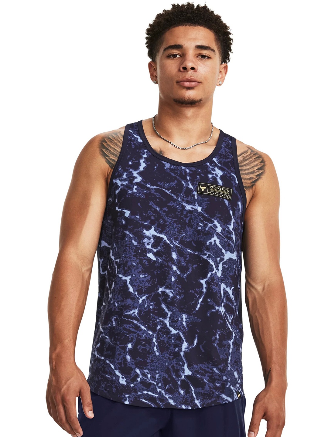 

UNDER ARMOUR Project Rock Iso-Chill Muscle Printed Relaxed-Fit Tshirts, Navy blue