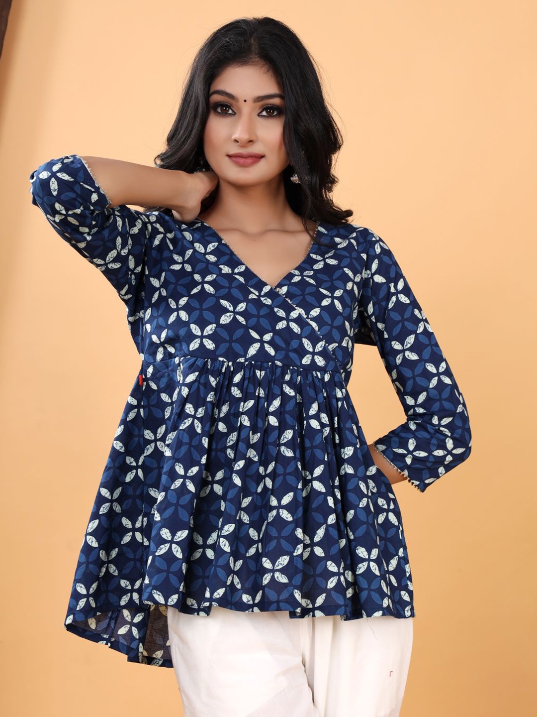 

VASVI Print Cotton Empire Top, Navy blue