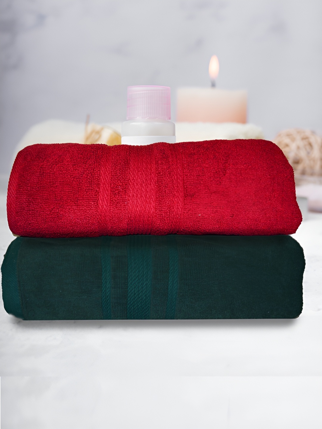 Athom Living 2 Pieces Red & Green 500 GSM Water Absorbent Bath Towel