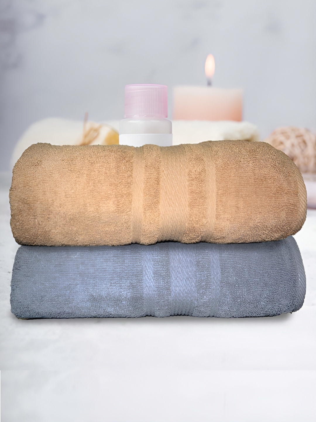Athom Living Beige & Grey 2Pcs Cotton 500 GSM Anti Microbial Bath Towels