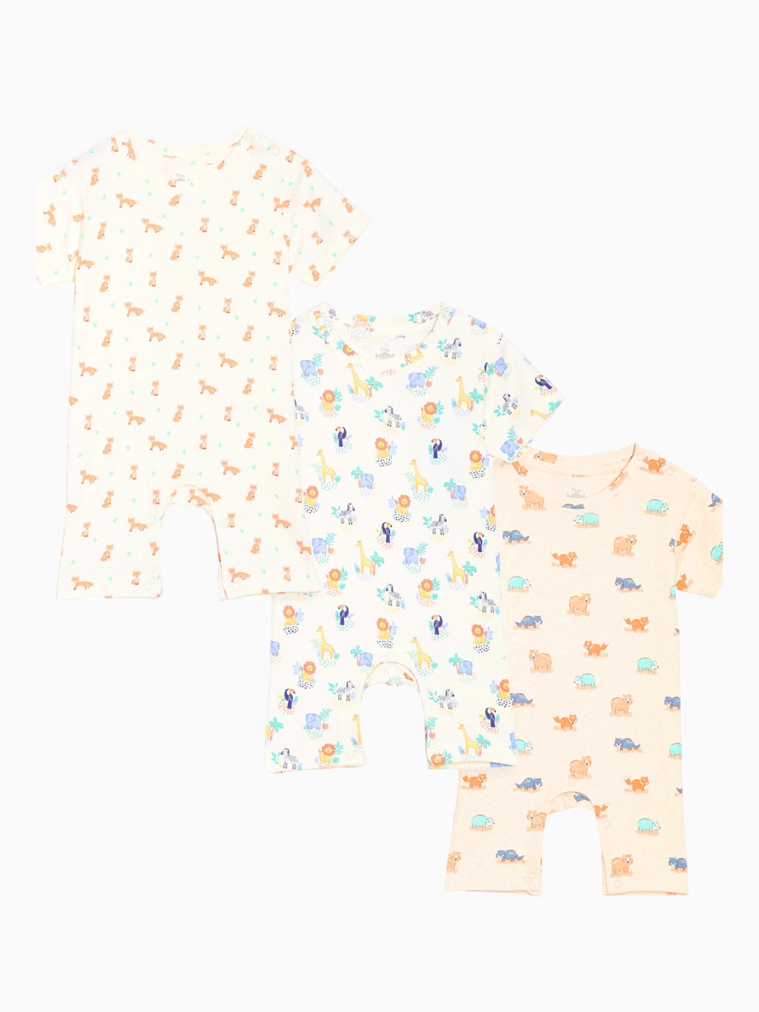 

The Mom Store Infants Pack Of 3 Conversational Printed Pure Cotton Rompers, Cream