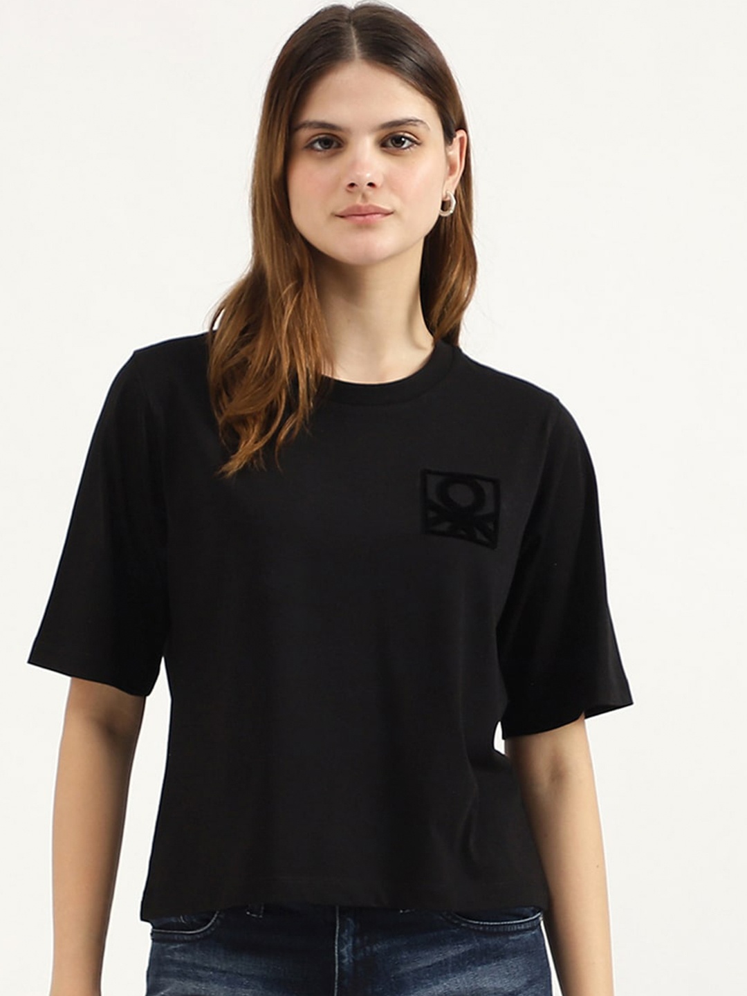 

United Colors of Benetton Women Pure Cotton Applique T-shirt, Black