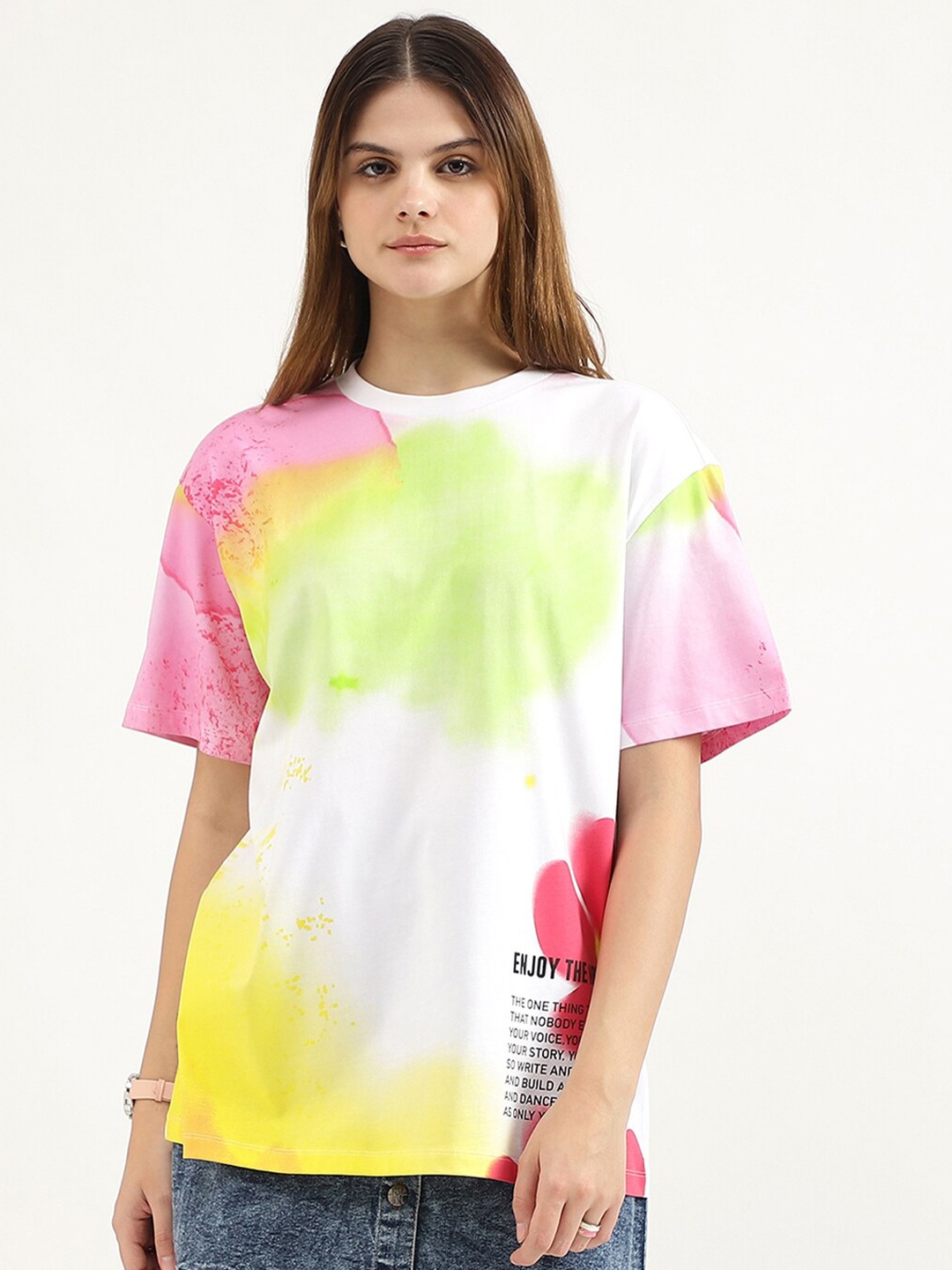 

United Colors of Benetton Women Printed Extended Sleeves Pure Cotton T-shirt, Multi