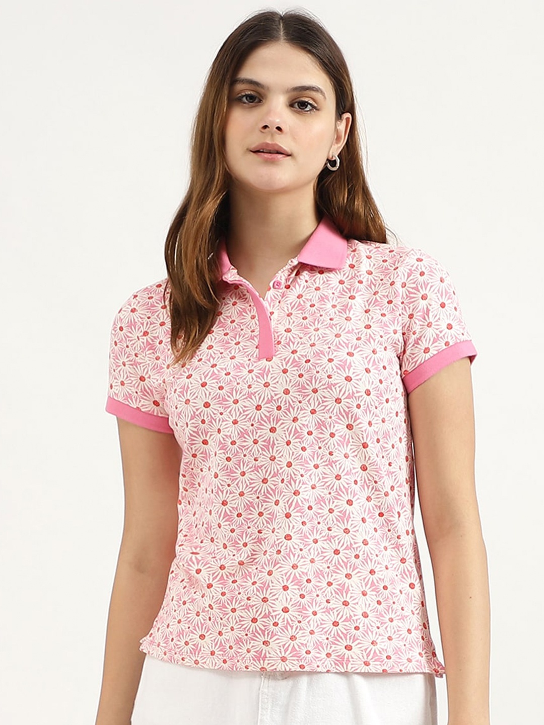 

United Colors of Benetton Women Floral Printed Polo Collar Pockets T-shirt, Pink