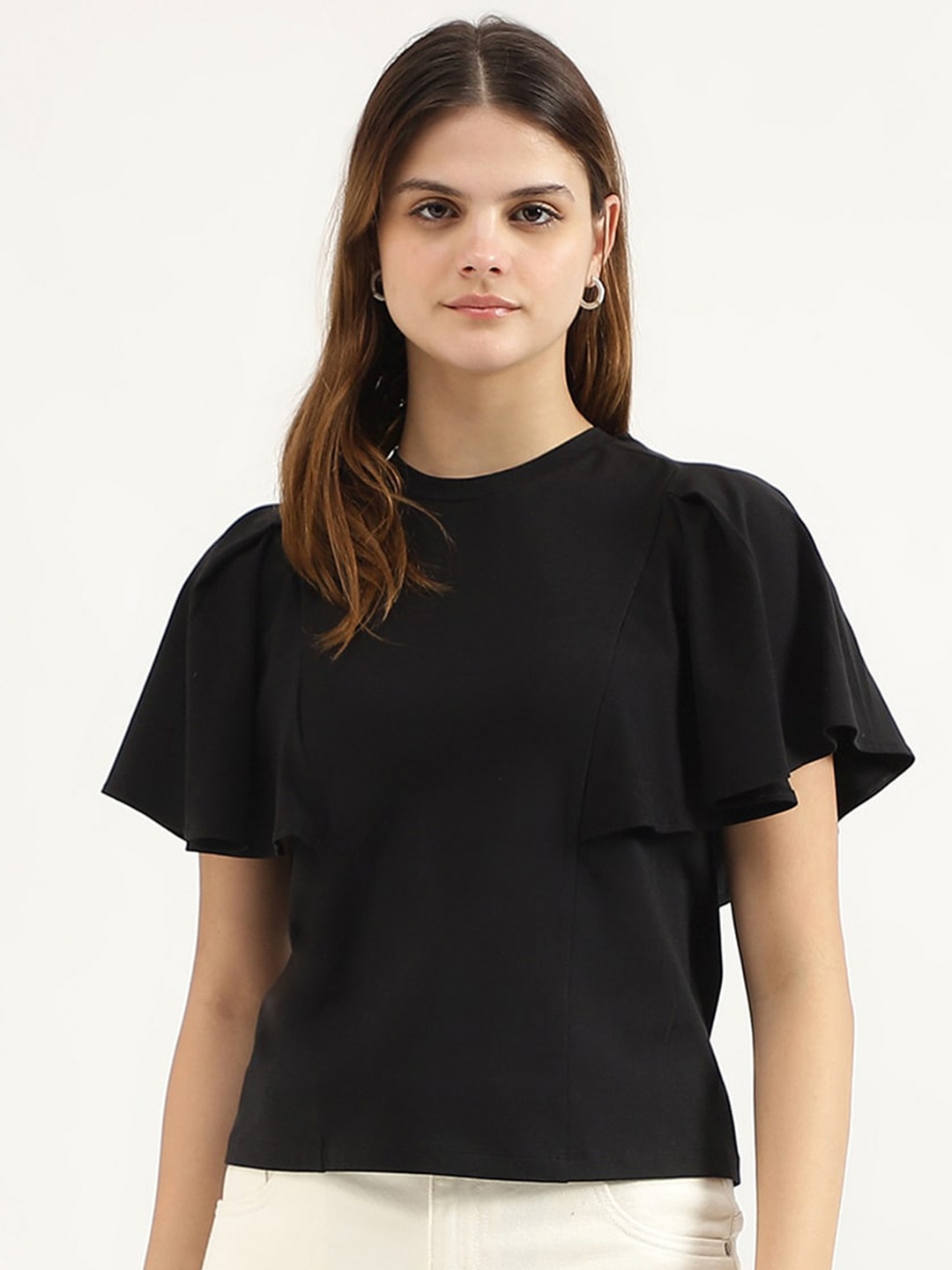 

United Colors of Benetton Flutter Sleeve Top, Black