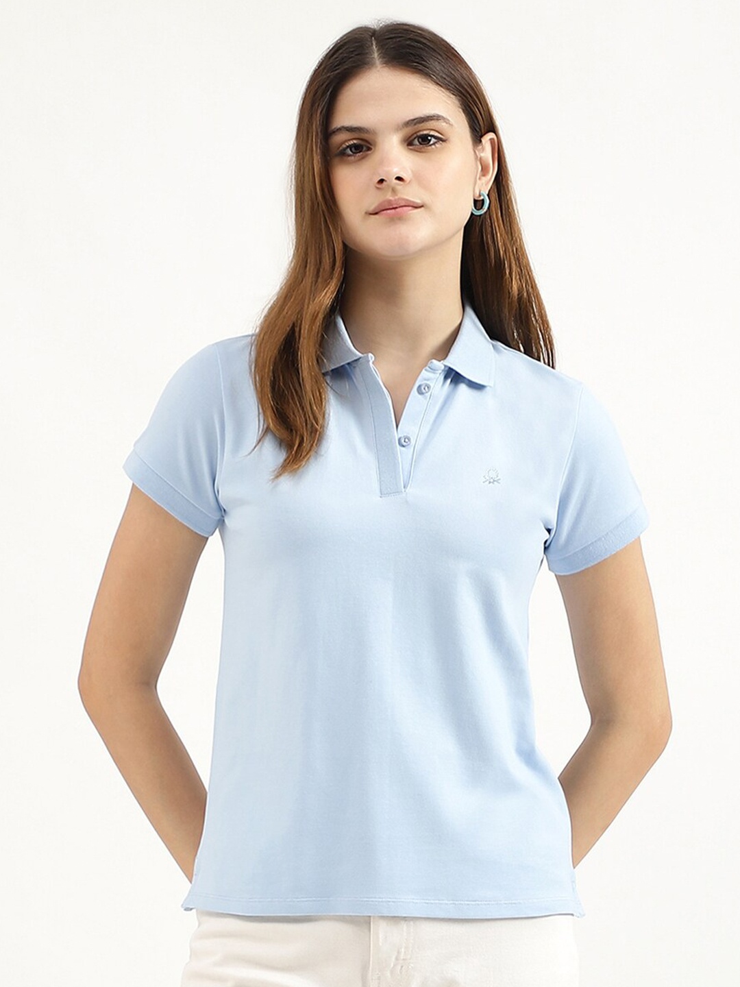 United Colors of Benetton Women Polo Collar Extended Sleeves T-shirt, Blue