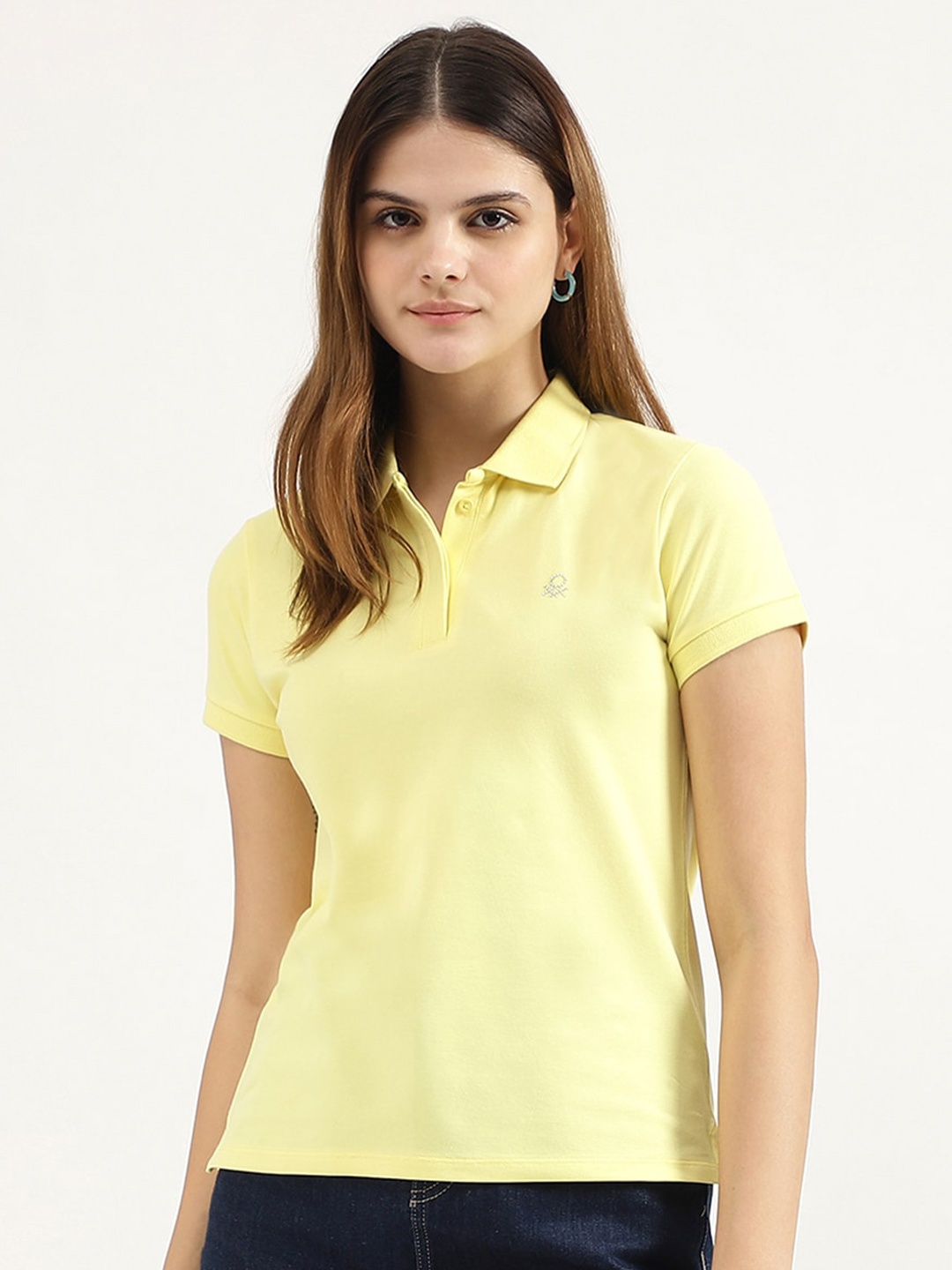 United Colors of Benetton Women Polo Collar Pockets T-shirt, Yellow