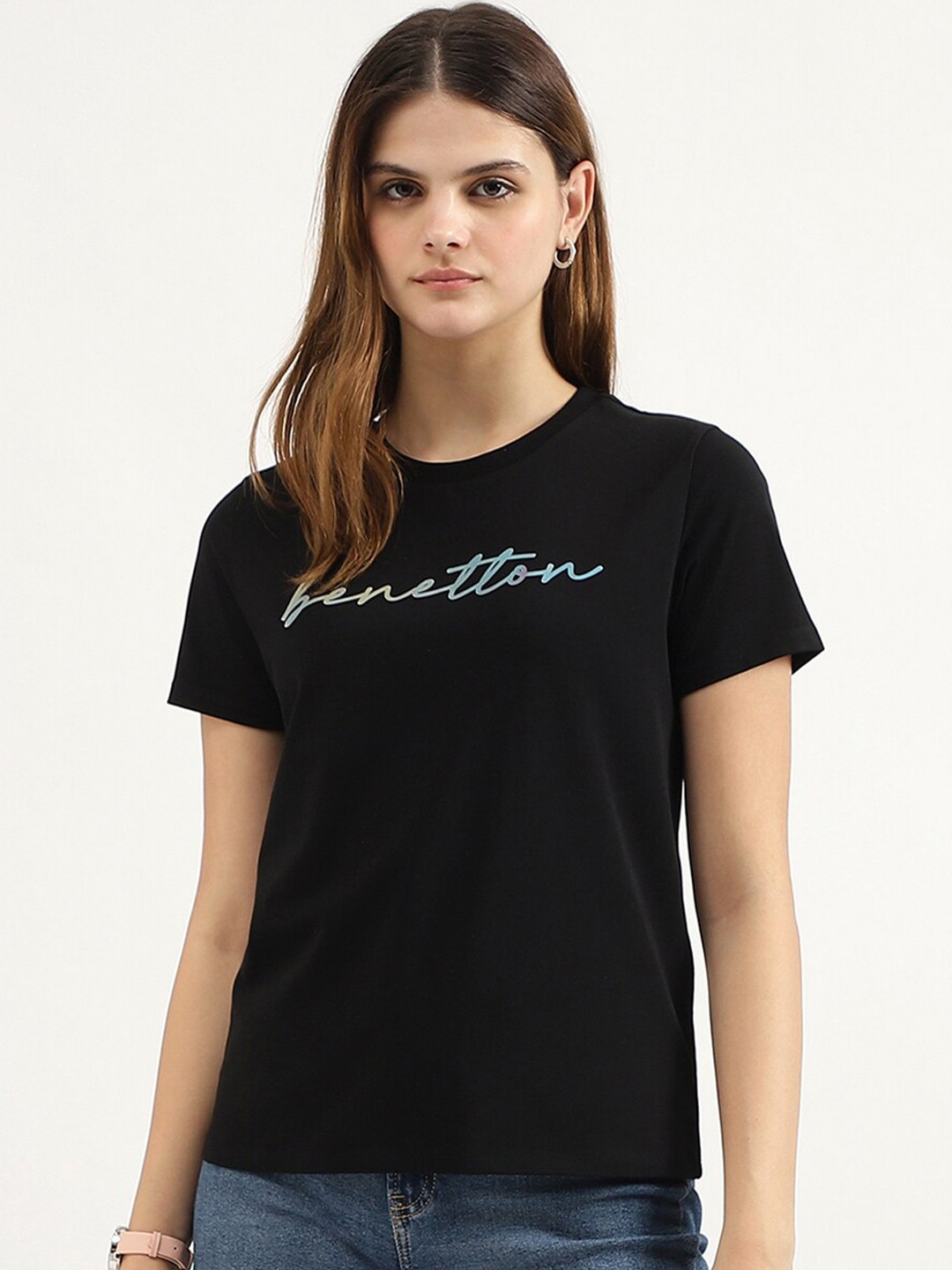 

United Colors of Benetton Women Typography Extended Sleeves T-shirt, Black