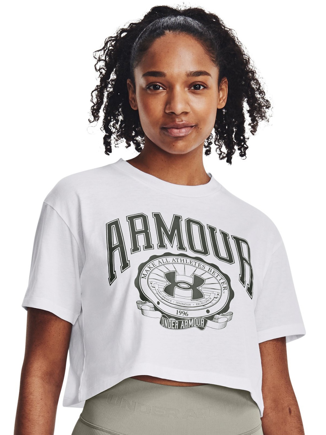 

UNDER ARMOUR Printed Collegiate Crest Crop Short Sleeves Relaxed-Fit T-Shirt, White