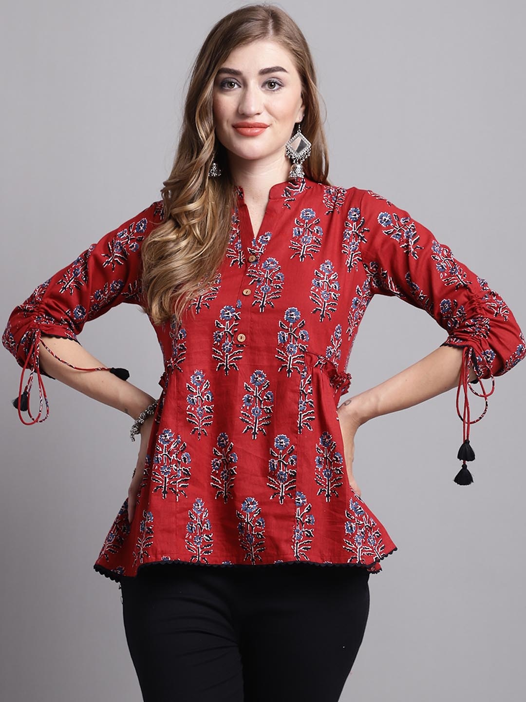 KALINI Floral Printed Mandarin Collar Gathered Cotton A-Line Top, Maroon