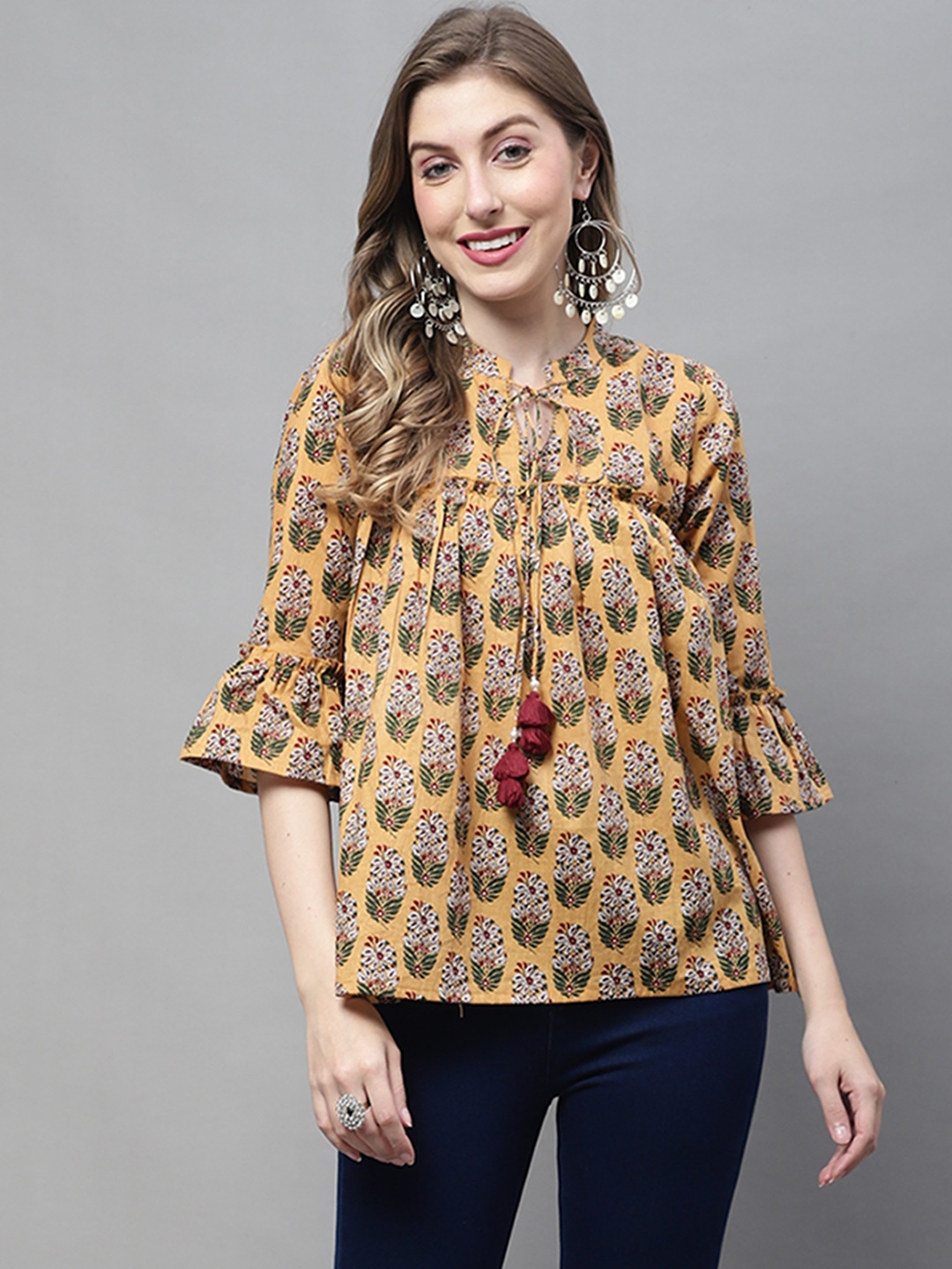 KALINI Floral Printed Tie-Up Neck Bell Sleeve Cotton Empire Top, Yellow