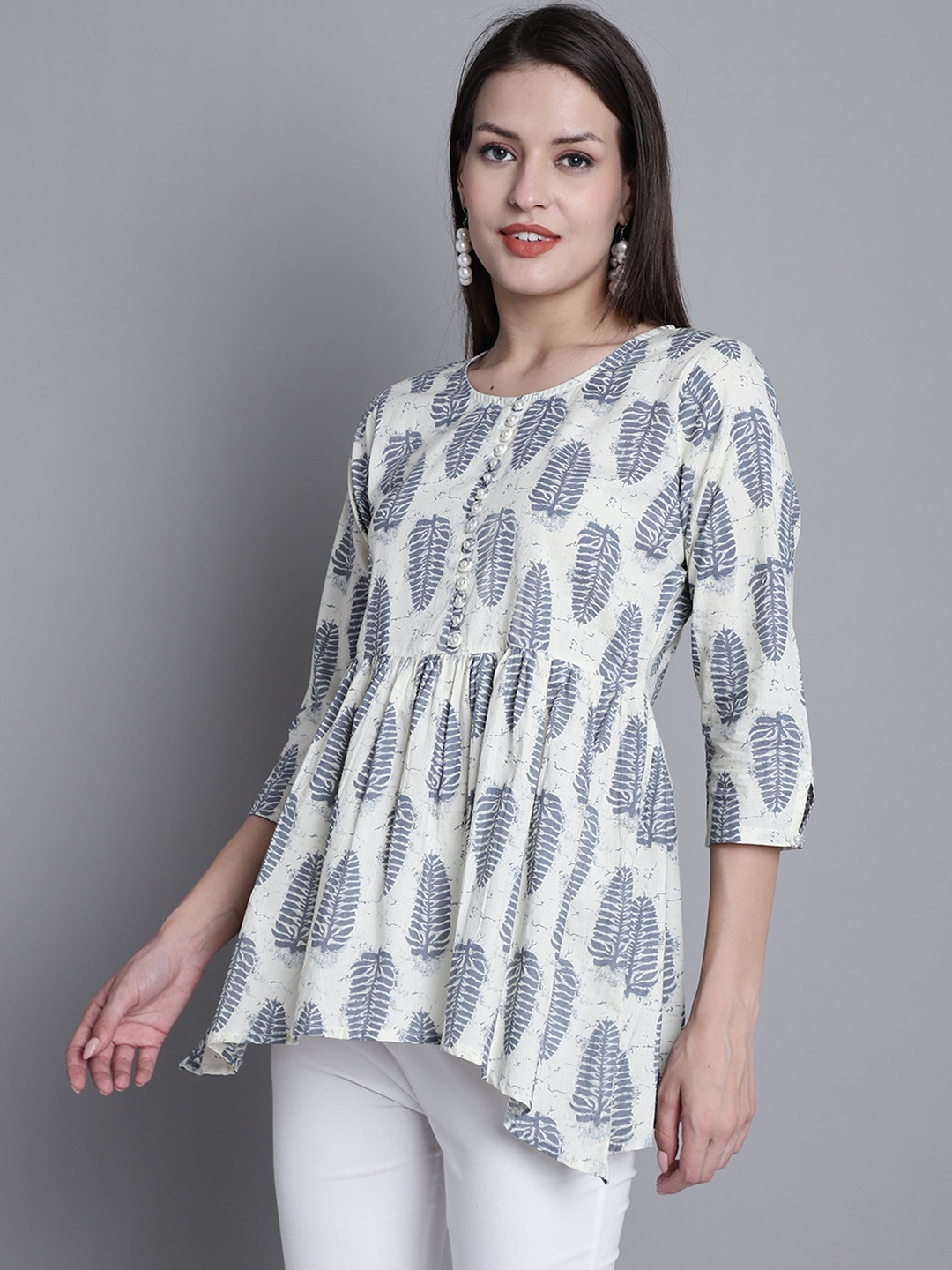 

KALINI Ethnic Motifs Printed Gathered Cotton A-Line Top, Off white