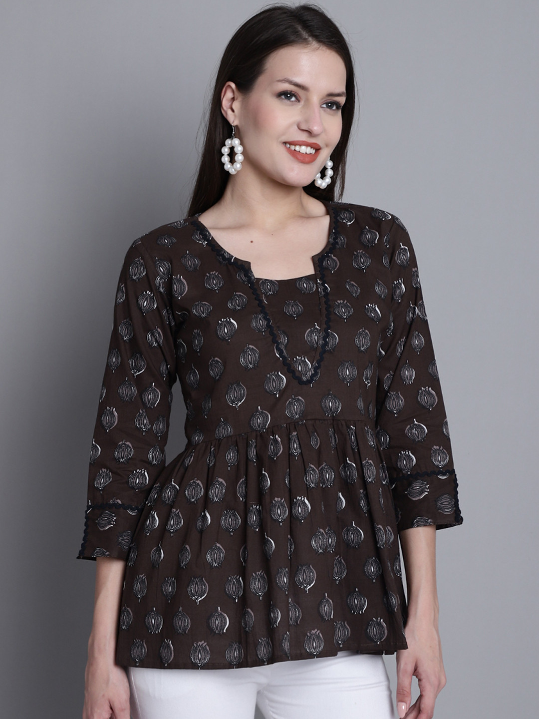 

KALINI Floral Printed Round Neck Gathered Cotton A-Line Top, Brown