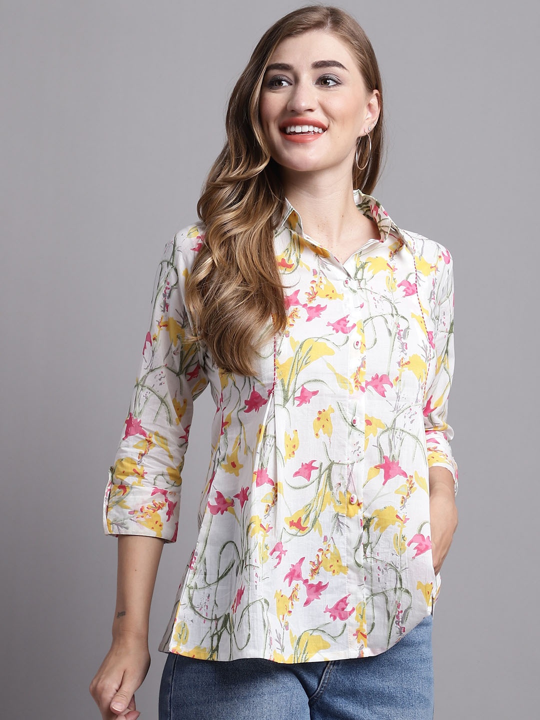 

KALINI Floral Printed Roll-Up Sleeves Cotton Shirt Style Top, Off white