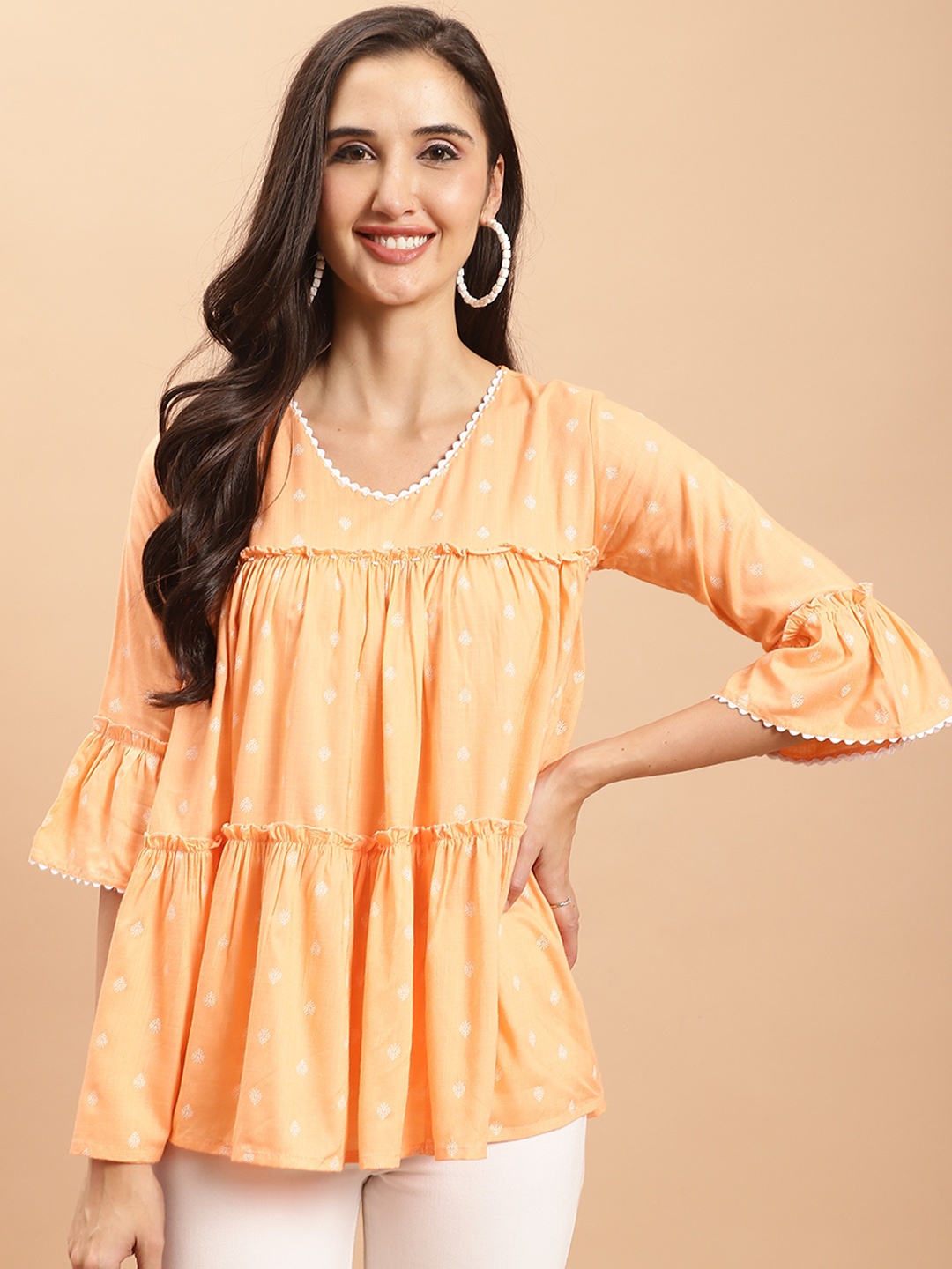 

KALINI Ethnic Motifs Printed V-Neck Gathered Cotton Tiered Top, Orange