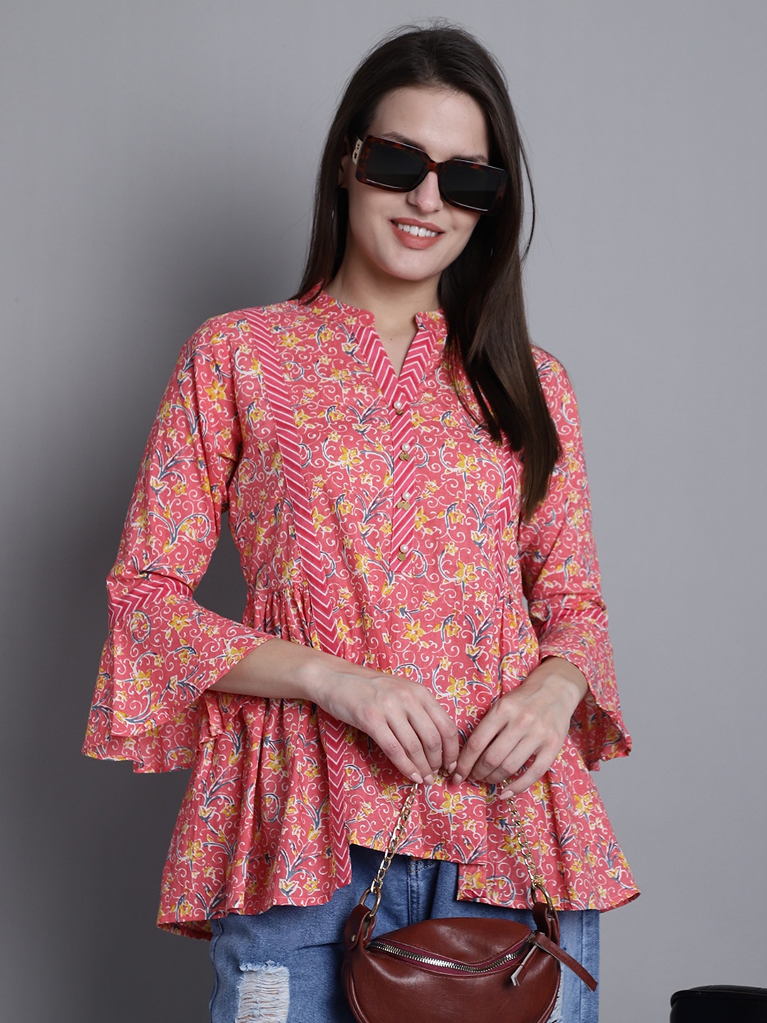 

KALINI Floral Printed Mandarin Collar Bell Sleeve Gathered Cotton A-Line Top, Peach