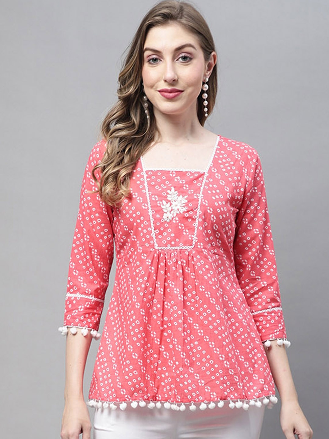 

KALINI Ethnic Motifs Printed Square Neck Gathered Cotton A-Line Top, Peach