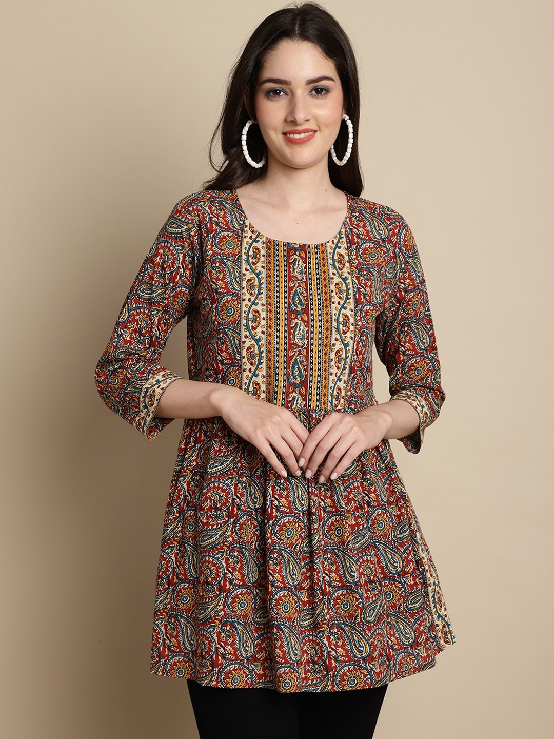 

KALINI Ethnic Motifs Printed Round Neck Gathered Cotton A-Line Top, Red